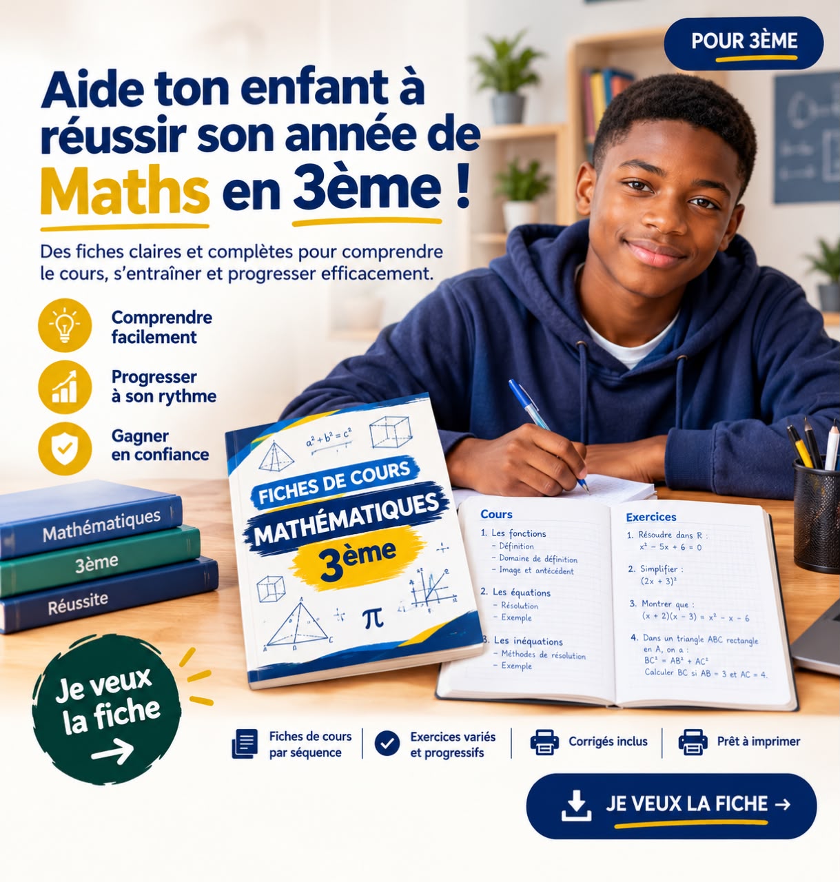 Aide ton enfant à réussir son année de maths en 3ème — fiches de cours, exercices et corrigés